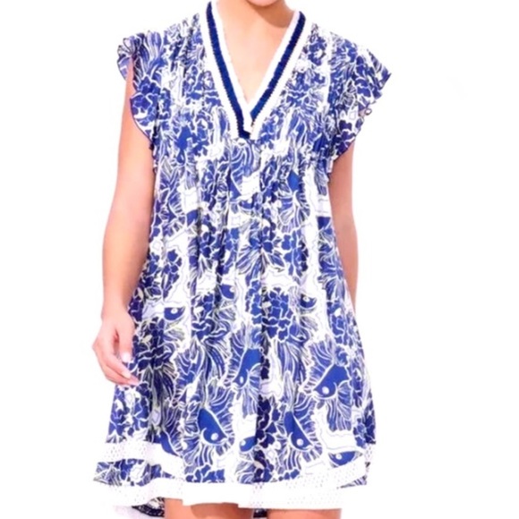 Poupette St. Barth x Vilebrequin Sasha Mini Dress Blue Floral Women’s Sz L - Picture 3 of 14